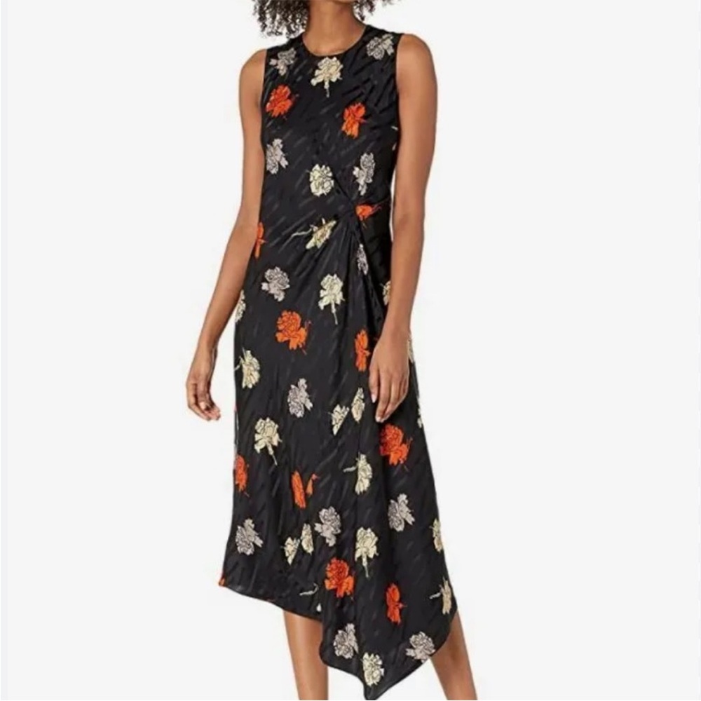 Theory Black Draped Tuck Carnation sleeveless silk maxi dress